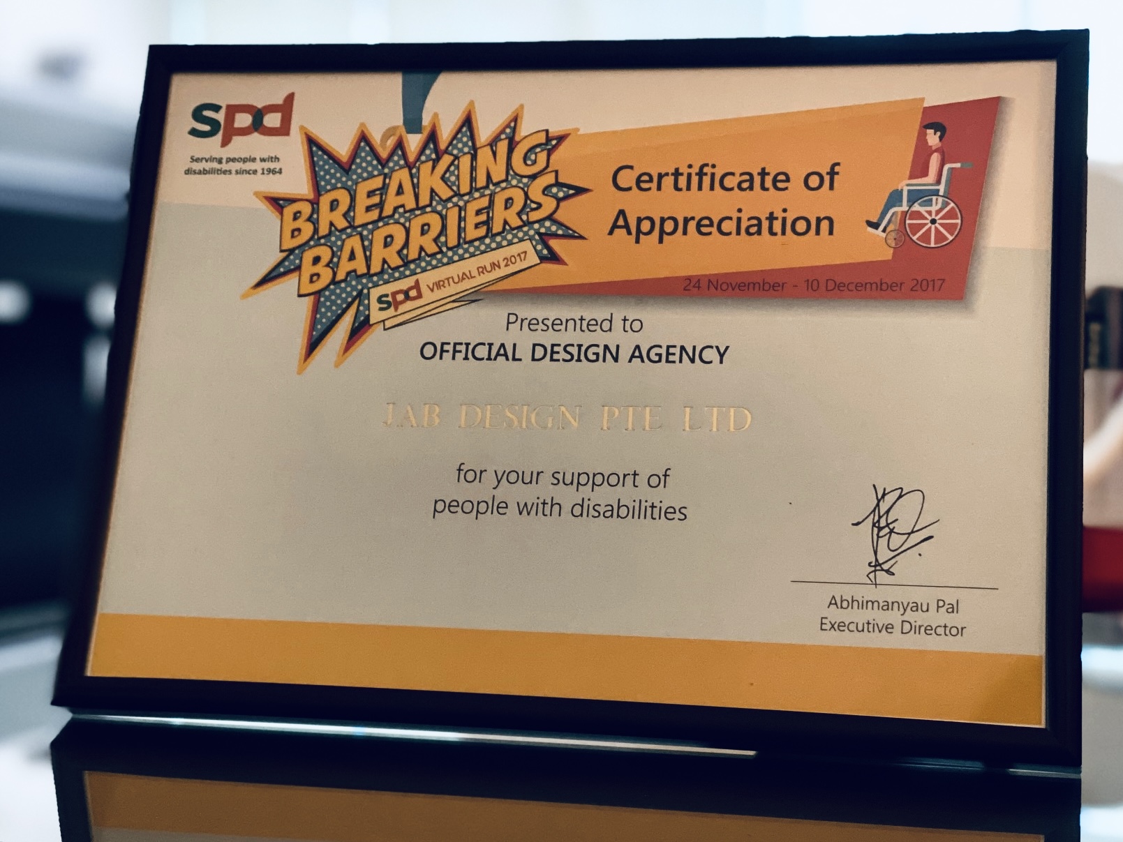 SPD Certificate of Appreciation presented to JAB Design as Official Design Agency for the Breaking Barriers Virtual Run 2017