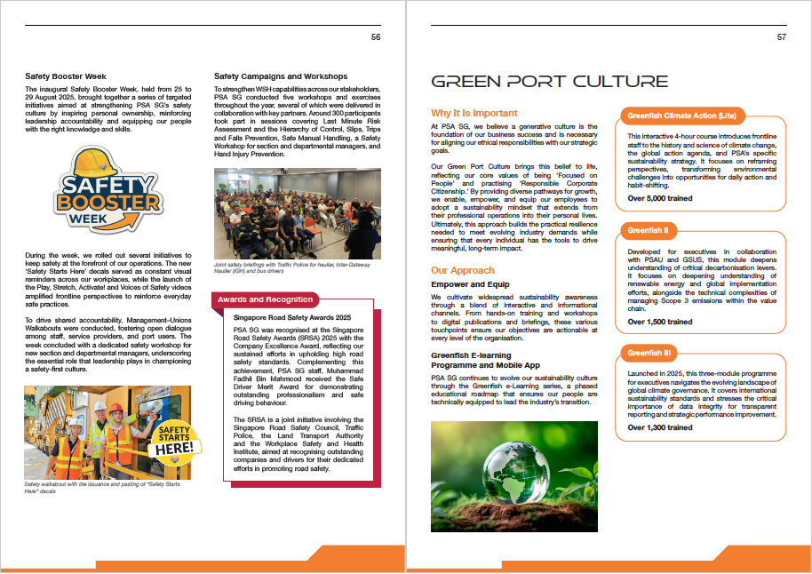 PSA Singapore Sustainability Report 2025 – Green Port Culture and implementation spread