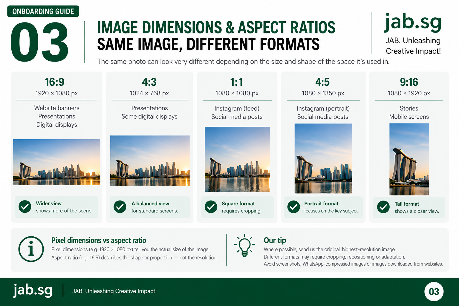 Guide to image dimensions and aspect ratios for design projects.