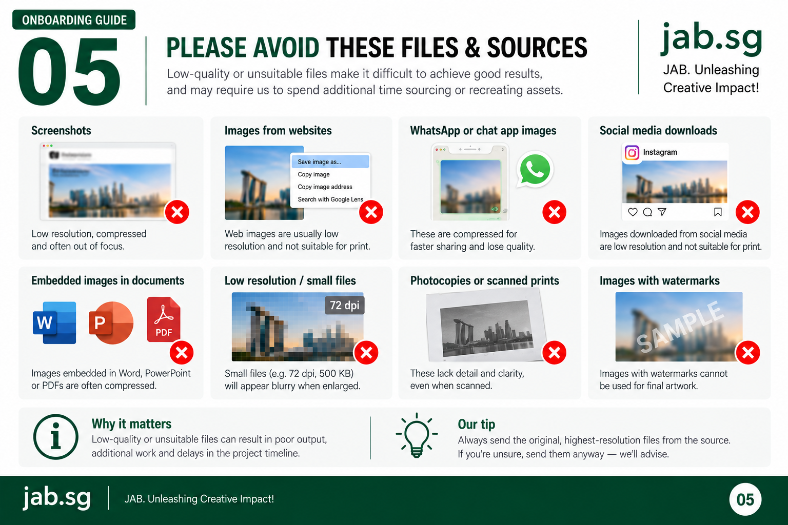 Guide to image files and sources to avoid when supplying artwork for design and production.