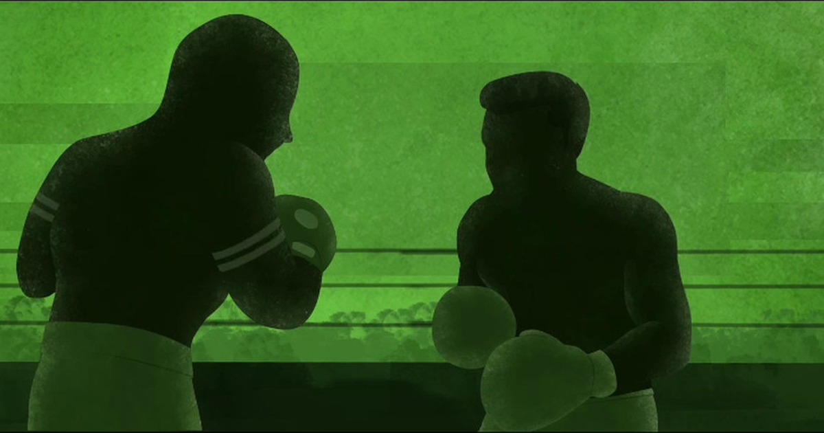 silhouette of two boxers facing each other in a green-toned boxing ring