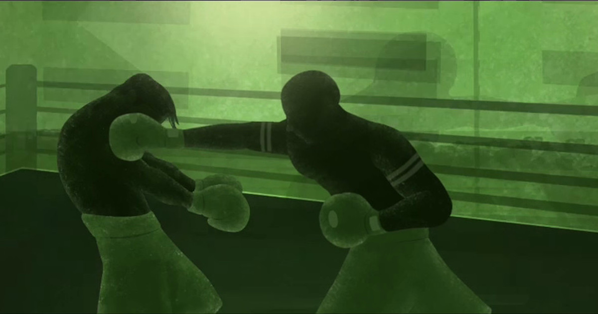 two boxers in an active exchange in a green-toned boxing ring