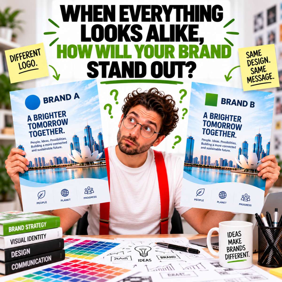 lookalike brochure designs illustrating the challenge of brand distinctiveness